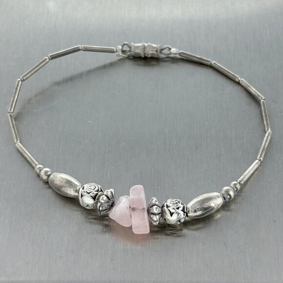 Vintage Liquid Sterling Silver 925 Rose Quartz Beaded Bracelet Size 7.5" - Picture 3 of 8